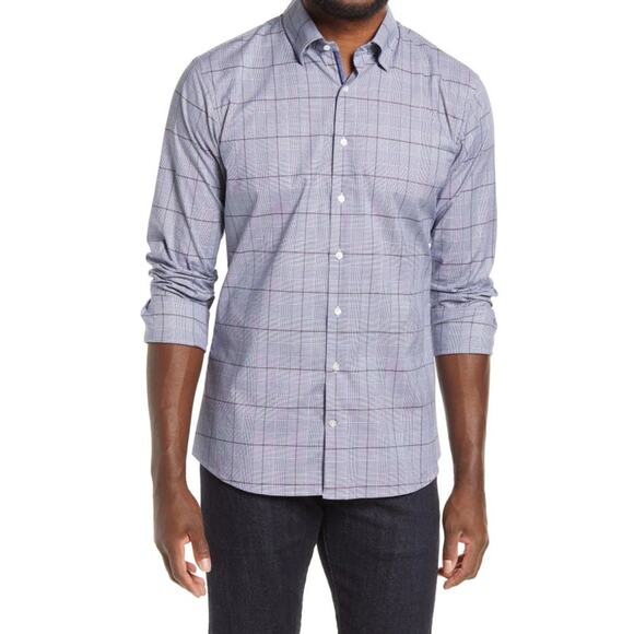 BRAX Derek Modern Fit Plaid Button Up Shirt In Navy Size XL Hi Flex Houndstooth - Picture 1 of 16
